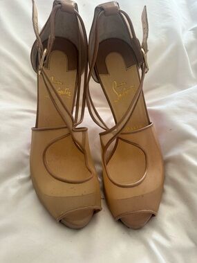 Christian Louboutin Nude/Tan Peep-Toe Ankle Strap Heels